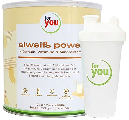 for you Power Eiweiß Vanille 750g + Gratis Shaker – Mehrkomponenten Eiweißpulver nach Dr. Strunz mit L-Carnitin | Eiweißshake für Muskelaufbau & Regeneration | Sehr gut löslich & natürlicher Geschmack