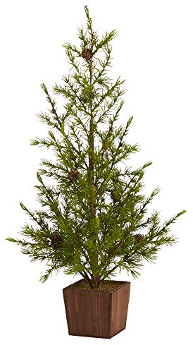 Nearly Natural 28in. Alpine Natural Look Artificial Christmas Tree in Wood Planter with Pine Cones