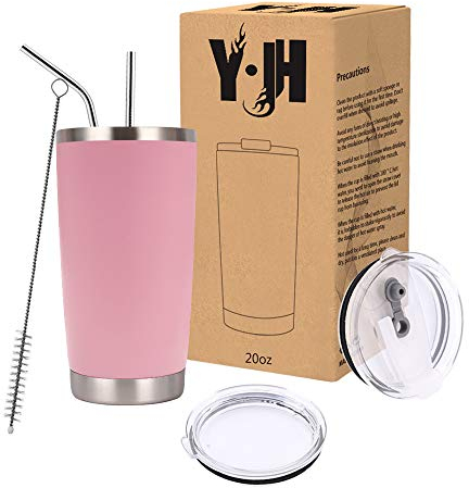 Y·J&H 20oz (550ml) Travel Tumbler Double Wall Vacuum Insulated Coffee Mug Stainless Steel Coffee Cup with 2 Splash Proof Lid, 2 Straws & Free Cleaning Brush, BPA Free - Pink