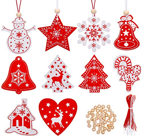 40 Pezzi Ornamenti Natalizi in Legno da Appendere,Pendenti Legno Natalizi Addobbi Albero,per Albero di Natale Fai da Te Bianco Rosso