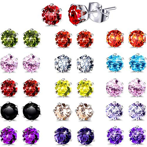 Boao 15 Pairs Stainless Steel Stud Earrings for Women Birthstone Hypoallergenic Cubic Zirconia Stud Earrings Set(Colorful,8 mm)