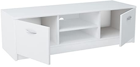 MATKAM Fernsehkommode 2DC H36xB120xT41cm, laminierte Möbelplatte 16 mm, Zwei Ablagen mit Türen Links und rechts, in der Mitte EIN Regalfach, Metallscharniere, satinierte Griffe (Weiß)