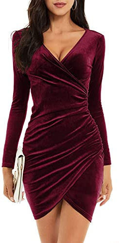 CheChury Vestito Donna Invernale Velluto Vestito Donna Elegante Sexy Manica Lunga Scollo V Capodanno Dress Abiti da Sera Tubini Aderente Autunno Inverno Cerimonia Cocktail Vintage Festa Sera