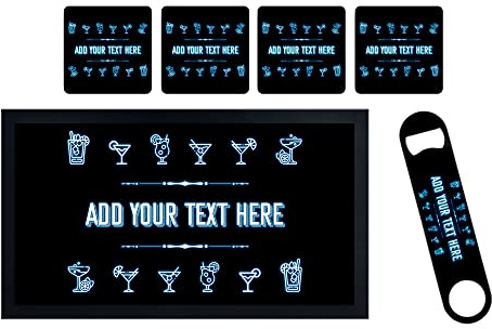 ShopQuality4U Personalise Cocktail Bar Runner Mat, optional: Matching Bottle Opener, Drinks Coasters, Gift Set | Beer Gifts Home Bar Accessories for Pub Bars Man Cave Him Her Gin Oclock