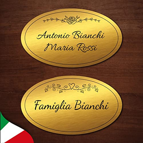 Targa nome per portone ingresso, in laminato plastico oro e argento spazzolato, incisa a laser, personalizzabile con nome, cornici e misure, con biadesivo. MADE IN ITALY (ORO)