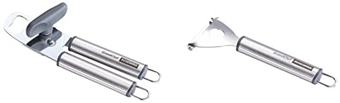 Tescoma 428248 Apriscatole, Acciaio Inossidabile, Grigio & 428231 Sbucciatore con Lama Laterale, Acciaio Inossidabile, Grigio