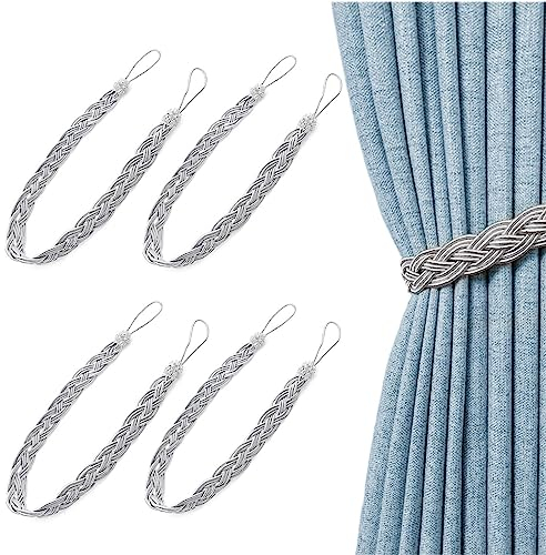 JZK 2 Pairs Silver grey tiebacks for curtains, braided curtain tiebacks tie backs, simple type curtain ties, curtain tied rope, curtain holdback rope