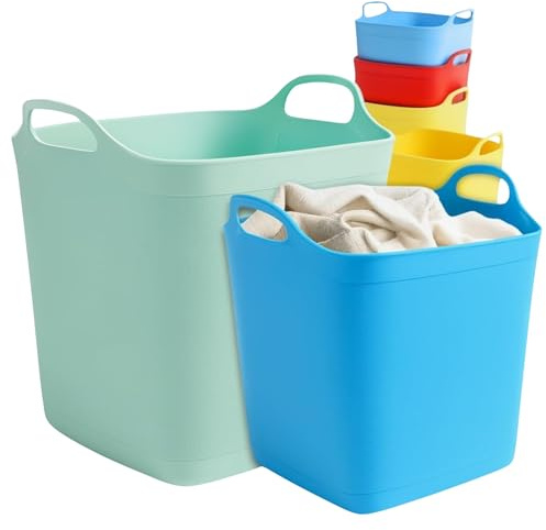 ARUUJ - 40L Square Flexi Tub - Large Flexible Storage Bucket, Horse Feed Container - Handled Indoor Plastic Trug, Laundry Toys Kitchen Basket, Rubble Container, Garden Lightweight Tubs, 40 Litre