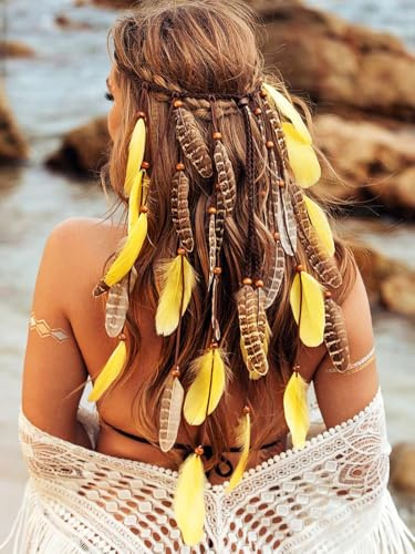Zoestar Boho-Feder-Stirnband, gelb, indischer Tribal-Kopfschmuck, Hippie-Kopfkette, Festival-Haarschmuck für Damen und Mädchen