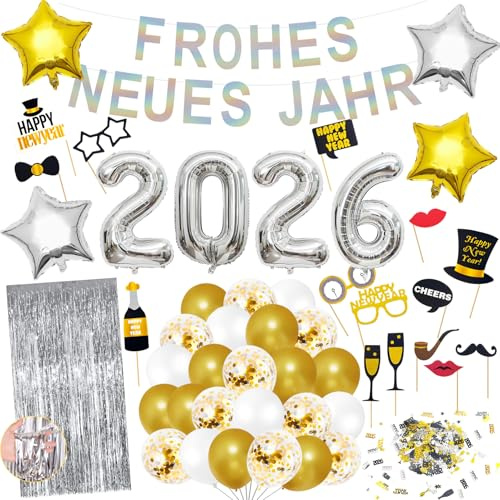 Silvester Deko 2026 XXL, 2026 Neujahrsballons Silber, Frohes Neues Jahr Ballonset, Silber Gold Neujahr Deko, Silvester Party Set, Silvester Konfetti Foto Requisiten Neujahr Lametta-Vorhang (Weiß)