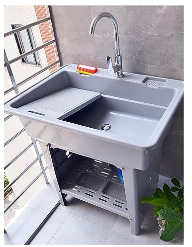Fregadero Plástico Independiente para Lavandería, Interior y Exterior con Grifo de Agua Fría y Caliente, Lavabo para Limpieza de Baño, Piscina, Recipiente Inclinado