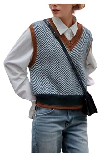 Women's Sleeveless Jumpers Wavy Stripe Pullover Vest Ladies Sweater Tank Top V Neck Knit Jumper Blue