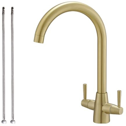 Haiba Kitchen Mixer Tap Dual Lever Swivel Spout Monobloc Brushed Gold Sink Taps with UK Standard Fittings
