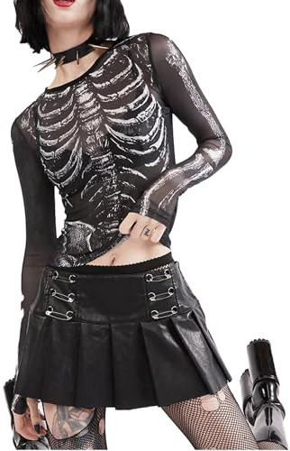 SANSIWU :Women Halloween Mesh Skeleton Print Tops Fitted Black Long Sleeve Crop Tops Casual Horror Shirt (Black, S)