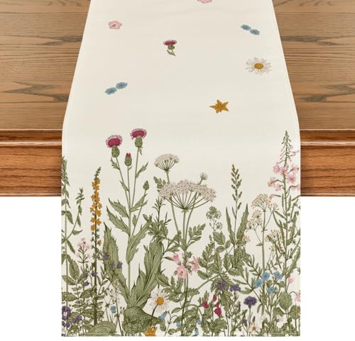 Artoid Mode Antique Herbs and Wild Flowers Spring Table Runner, Seasonal Kitchen Dining Table Decoration for Home Party Decor 40x140 cm