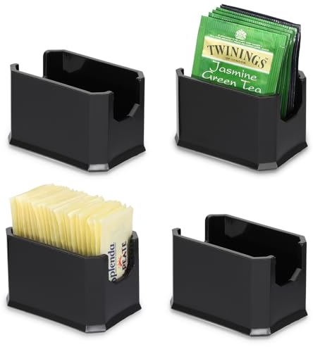 IGNPION Set of 4 Clear Sugar Packet Holder, Acrylic Tea Bag Tabletop Organizer Caddy, Sweetener & Condiments Packet Bowl Small Storage Basket Container for Cafe, Restaurant, Bar, Hotel(Black)