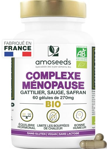 Ménopause BIO | Sans Hormones, 100% Naturel | Bouffées de Chaleur, Irritabilité, Stress | Gattilier, Sauge, Safran | 60 gélules | Qualité Supérieure