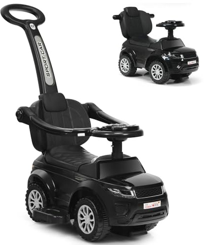Maxmass 3-in-1 Kids Ride on Push Car, Toddler Foot to Floor Sliding Car with Removable Handlebar, Guardrail & Footrest, Music, Horn, Underneath Storage, Baby Slider Walker for Boys Girls (Black)