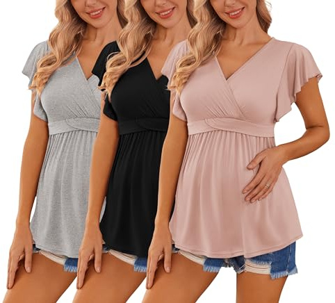Ekouaer Maternity Shirts 3 Packs Flying Short Sleeve Nursing Tops Pregnancy Clothes Light Grey + Black + Pink L