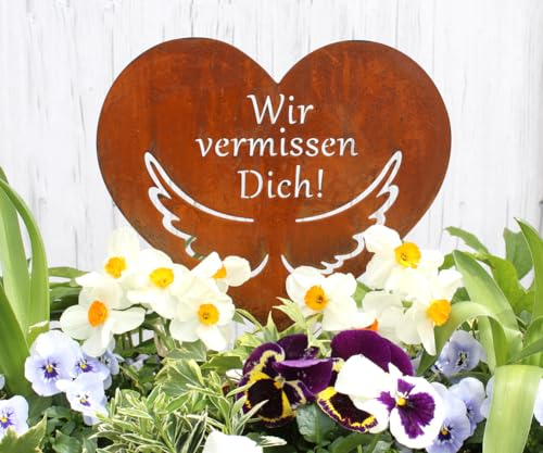 LB H&F Trauerdekoration Grabschmuck Metall für Gestecke - Engelsflügel Flügel - Wir vermissen Dich - Grab zum stecken - witterungs frostbeständig (Herz Rose)