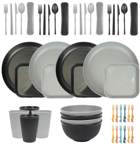 ZgoEC 49pcs Camping Cutlery Set for 4 People, Unbreakable Camping Dinnerware Sets for 4, Lightweight Camping Plates and Bowls Set, Plastic Dinner Set with Carry Bag, Picnic Tableware Sets, BBQ Party