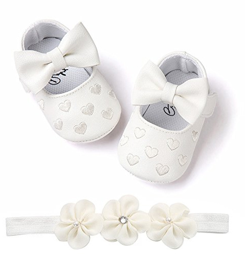 Dopskor flicka baby 2 st småbarn skor + pannband, baby flicka blommor sko halkskydd mjuka speciella tillfällen dop lackskor flickskor krypskor baby golvskor, Vit, 12