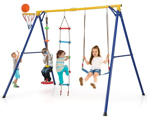 GYMAX 4 in 1 Kids Swing Set, Metal A-Frame with Belt Swing, Climbing Ladder, Disc with Rope, Basketball Hoop & Ground Stakes, Outdoor Children Playground Set for 3-9 Years Old, Max Weight 300kg