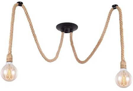 Lampada a sospensione creativa in corda di canapa E27 Lampadario a soffitto con supporto Lampadario vintage a 6 teste con cavo regolabile fai da te da 1.5 m, per Cucina Bar Caffè Ristorante (2 teste)
