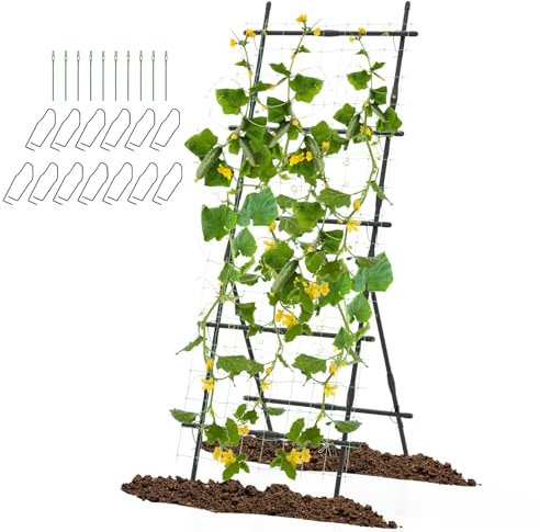 RELAX4LIFE Treillis de Jardin 2-en-1 Modulable, Treillis en A avec Filet de Jardin et Clips, Support Extérieur de Culture de Plantes Grimpantes pour Légumes Fruits Vignes Fleurs (78x65x187cm)
