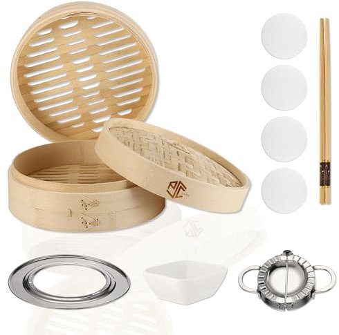 PSC GOODS Bamboo Steamer Basket | 2-Tier Handmade Dumpling Steamer Basket - Traditional Design for Cooking Dumpling Bao Bun, Rice Potsticker Steaming Chinese Asian Food