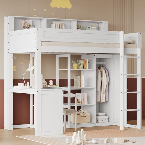 Idemon Litera con mesa y armario, cuna, con barandilla, con estantes y escalera de cuatro niveles, espacio de almacenamiento integrado, pino+MDF+madera contrachapada, blanco, 90 x 200 cm