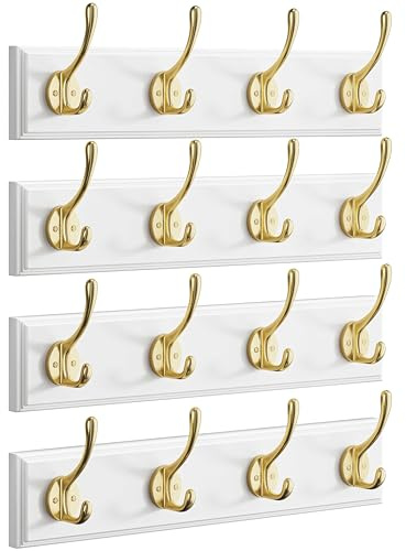 Seocry Wandgarderobe, 4 Stück, 41,5 cm, Wandhakenleiste, weiße Kleiderbügel-Wandhalterung mit goldenen Haken für Rucksack, Hut, Handtuch, Schlüssel, Tür, Eingang (Weißgold, 41,9 cm)