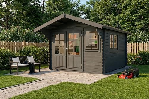 Alpholz Gartenhaus Gabriel 338x467cm Imprägn. Grau mit Boden 34mm Wandst. | aus Holz (Nordische Fichte|Kiefer), Blockbohlenbauweise, Satteldach