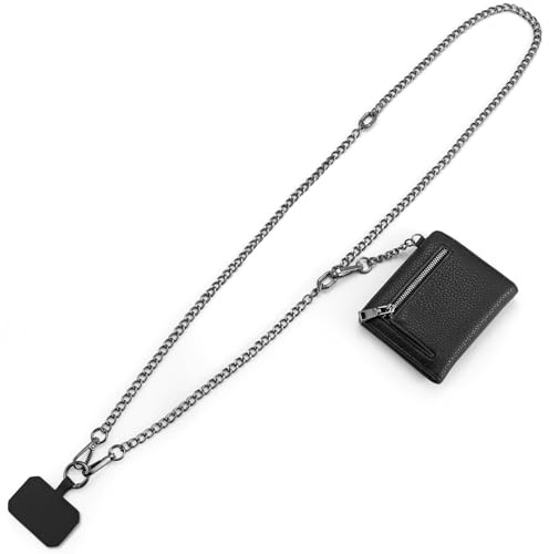 Diaclara Clip and Go Phone Strap with Zipper Pouch- Stylish Crossbody Adjustable Chain Lanyard with Leather Wallet for All Phones, Chain Black