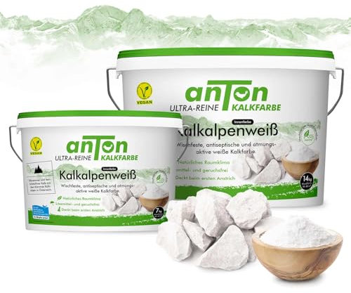 Anton | Wischfeste Kalkfarbe Kreideweiß | Innen | hoch atmungsaktiv, geruchsfrei | Vorbeugend gegen Feuchtigkeit | deckt beim ersten Anstrich | für Allergiker | 50m² | 8,25Kg 25% MEHR INHALT + ROLLER