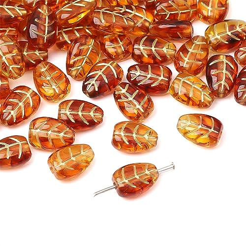 250 Stück Perlen,Bernstein Lose Perlen,Kleine Füllstoff Perlen,Acrylperlen mit Löchern,Goldbemalte Perlen,Bastelperlen zum Auffädeln für DIY Handwerk Armbänder,Ketten,Erwachsene,Blätter A,9 x 12 mm