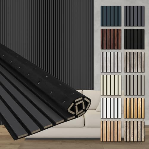 HEXIM Akustikpaneele 278x60cm Holz Comfort - flexible Holzpaneele Platten Lamellenwand flexibel MDF Wandpaneele TV Wandverkleidung Holzwand Deko anthrazit (1.67m² Black Lead)