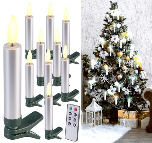 Lunartec Christbaum-Kerze: 10er-Set LED-Weihnachtsbaumkerzen mit Dochten und Flammen-Effe, Silber (Weihnachtsbaumbeleuchtung, Weihnachtsbeleuchtung, Weihnachtsbaum)