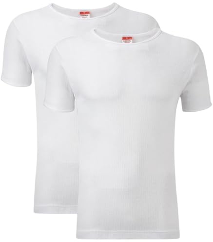 Crazy Fashion Pack of 2 Thermal Tops Men’s - Short Sleeve Plain Round Neck Mens Top Warm T-Shirt Underwear Baselayer Cotton Thermals (White,Medium)