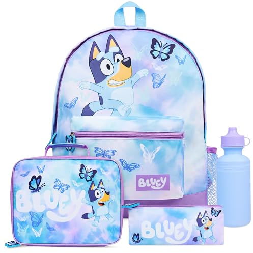 Bluey Mochilas Escolares Set de Mochila Escolar Guarderia 4 Piezas con Botella Agua Estuche Escolar Bolso Deporte o Bolsa Almuerzo Mariposa