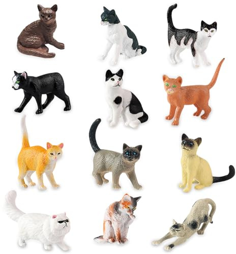 KLYKLL Paquete de 12 figuras realistas de mini gatos en miniatura, figuras decorativas de plástico duro, figuras de juguete para niños, para decoración de tartas, jardín, cumpleaños