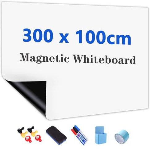 JOMUSAGA Whiteboard Folie, 300 x 100 cm, magnetisch selbstklebende Weißwandtafel Folie, Whiteboard Sticker DIY, inklusive Marker, Schwamm und Magnete, für Schule, Büro und Zuhause