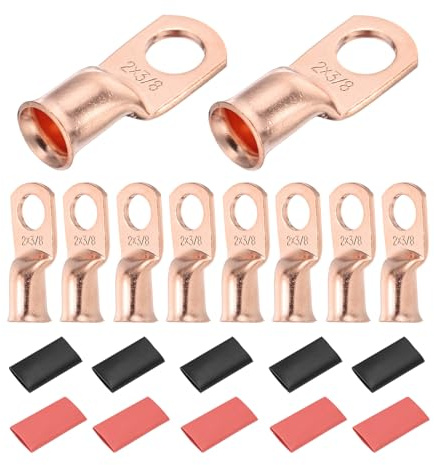 DMiotech 12 Pcs 2 AWG - 3/8 Copper Cable Lugs, Battery Cable Ends, Heavy Duty Copper Wire Lugs with 12pcs Heat Shrink Tubing for Electrical Projects, Copper