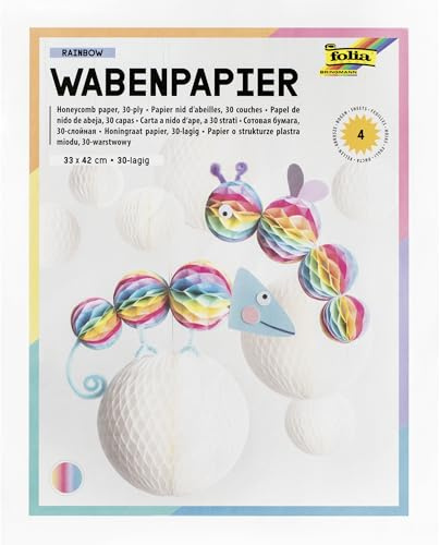 folia 460-77 – Bikakepapper RAINBOW, 33 x 42 cm, pysselpapper med bikakestruktur i 4 färger, 30 lager, för att designa färgglada bikakedekorationer