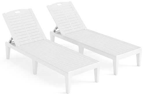 COSTWAY Solstol plast set om 2, väderbeständig trädgårdsfåtölj med justerbart ryggstöd, balkong- och terrassstol, kan belastas upp till 160 kg (vit)