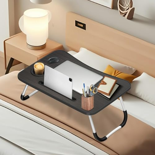 Alpstorm Table de Lit Pliable avec Porte-Gobelet et Support Tablette - Plateau Multifonctionnel Léger 60x40x28cm, Design Ergonomique pour Ordinateur Portable/Petit Déjeuner/Canapé, Noir Brossé
