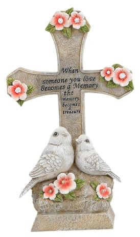 Sharplace Statue de croix et d'inséparables avec lumière solaire 14,1 x 8,1 x 24,5 cm Décoration de cimetière multifonctionnelle pour cadeau de condoléances