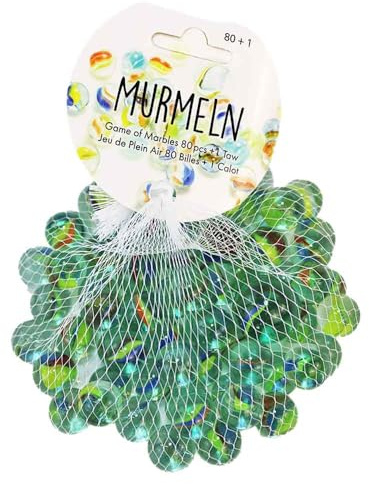 BEMIRO Murmelspiel Set – 80 Bunte Glasmurmeln + 1 große Murmel – im Netz – Glasmurmeln Ø 1,5 & 2,5 cm – Spielzeug für Kinder ab 3 Jahren – Murmeln bunt mit Streifen – Murmelspiel Set