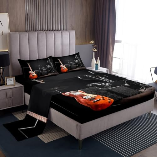 Castle Fairy Rock Music Bed Sheet Set Full Size 4pcs,Guitar Musical Instrument Bedding Sets,Drum Kit Lover Flat Sheet + Fitted Sheet for Kids Girls Boys Men Youth Teens Room Decor