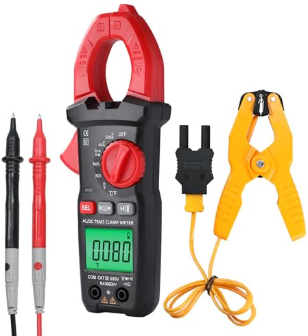 Digital Klämma Multimeter AC/DC Ström och Spänning, Temperatur, Kapacitans, Frekvens, Diod, Kontinuitet, Beröringsfri Spänningstestare med D-Formad Käft, LCD-Bakgrundsbelysning för Elektriker